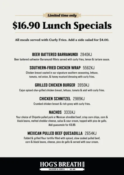 Hog's Breath Cafe - $16.90 lunch specials, limited time only!